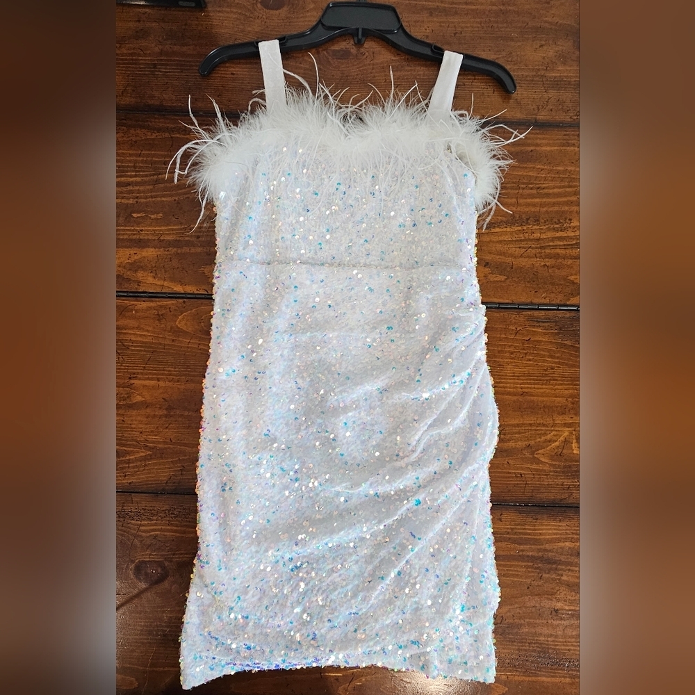 White Sequin Girl's Formal Dress with Feather Trim Size 16 NWT